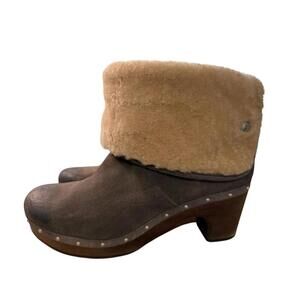 UGG Lynnea Gray Nubuck Leather Shearling Lined Wood Heel Boots Women's 5 Winter